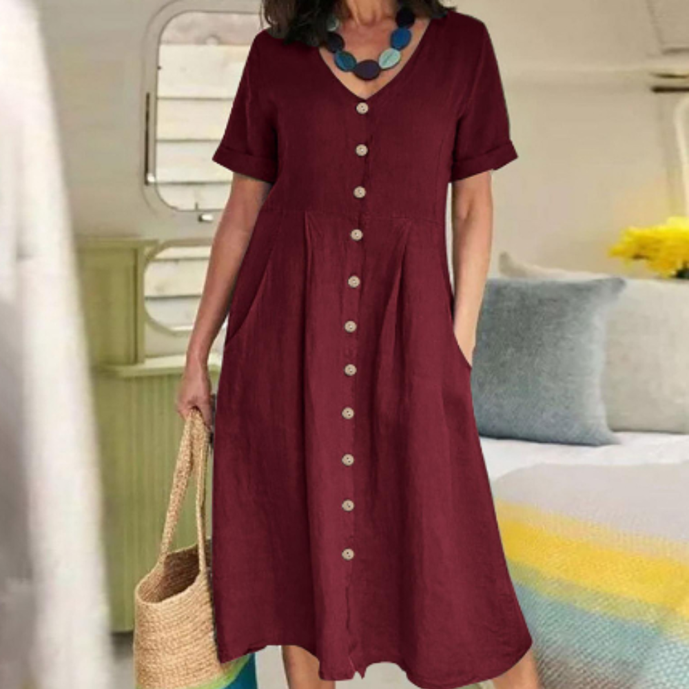 Robe Midi Femme - Lin Respirant - Manches Courtes - Boutonnée avec Poches