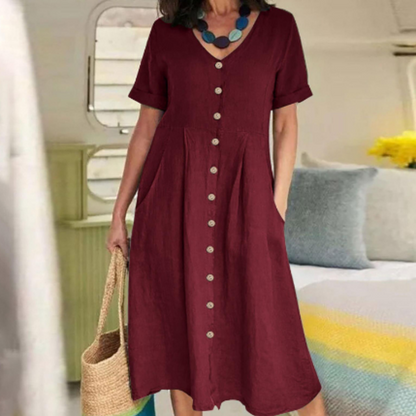 Robe Midi Femme - Lin Respirant - Manches Courtes - Boutonnée avec Poches