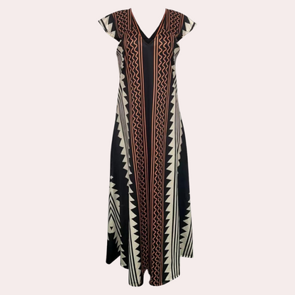 Robe Maxi Femme - Coupe Ample - Sans Manches - Col V Élégant - Motif Géométrique