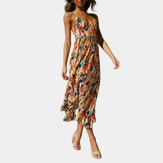 Robe Midi Femme - Décolleté Cœur - Bretelles Fines - Coupe Évasée - Tissu Léger