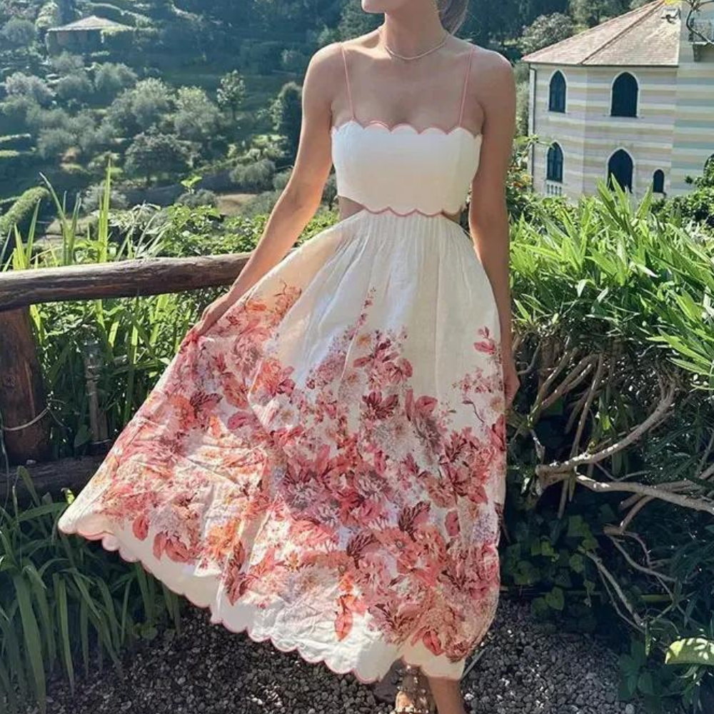 Robe Femme - Évasée Fluide - Bretelles Fines - Motif Fleuri - Décolleté Scallopé