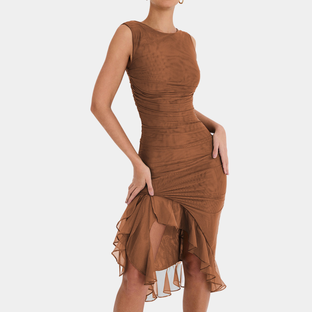 Robe Femme Sans Manches - Coupe Cintrée - Détail Froncé - Ourlet Asymétrique Élégant