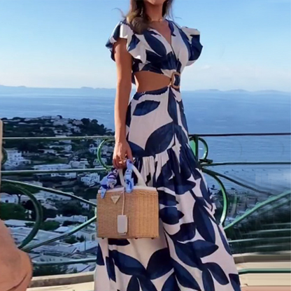 Robe Longue Femme - Imprimé Feuilles - Décolleté V - Manches Volantées - Taille Ceinturée