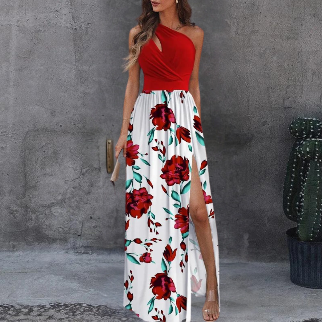 Robe Maxi Femme - Épaule Dénudée - Taille Cintrée - Fente Haute Élégante