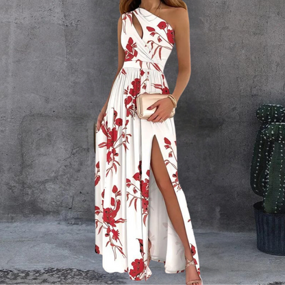 Robe Maxi Femme - Épaule Dénudée - Taille Cintrée - Fente Haute Élégante