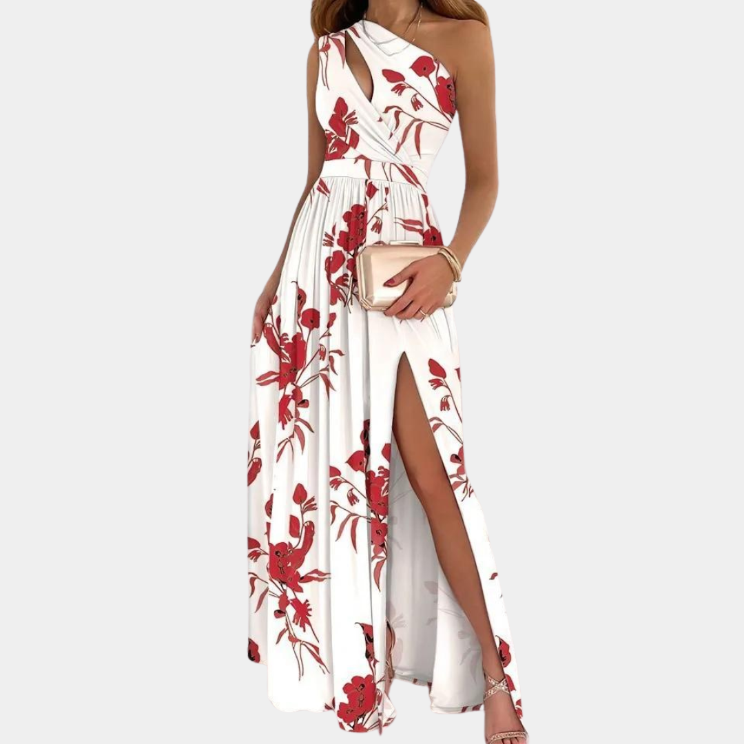 Robe Maxi Femme - Épaule Dénudée - Taille Cintrée - Fente Haute Élégante