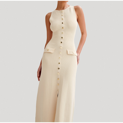 Robe Longue Sans Manches Femme - Maille Côtelée - Coupe Cintrée - Boutons Décoratifs