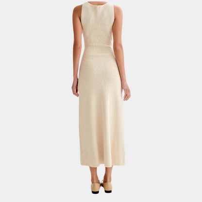 Robe Longue Sans Manches Femme - Maille Côtelée - Coupe Cintrée - Boutons Décoratifs