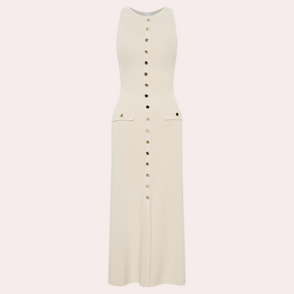 Robe Longue Sans Manches Femme - Maille Côtelée - Coupe Cintrée - Boutons Décoratifs
