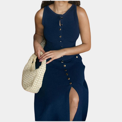 Robe Longue Sans Manches Femme - Maille Côtelée - Coupe Cintrée - Boutons Décoratifs