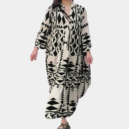 Robe Maxi Femme – Tissu Léger – Manches Longues – Col V Boutonné – Style Décontracté