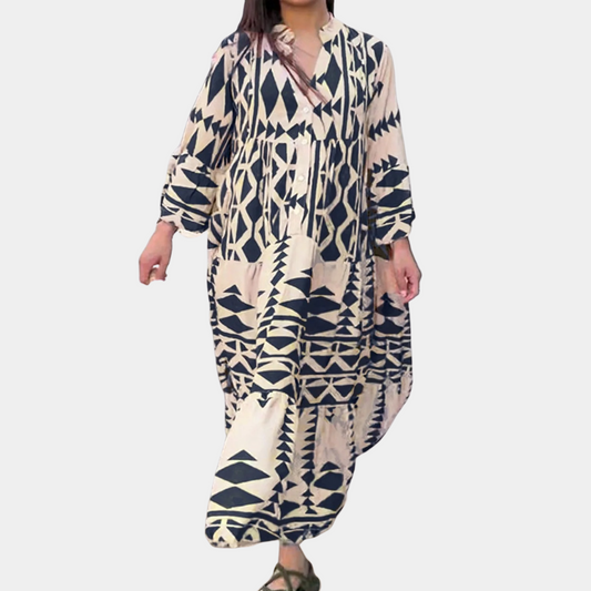 Robe Maxi Femme – Tissu Léger – Manches Longues – Col V Boutonné – Style Décontracté