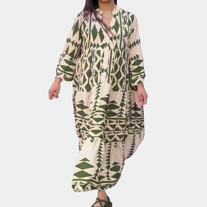 Robe Maxi Femme – Tissu Léger – Manches Longues – Col V Boutonné – Style Décontracté