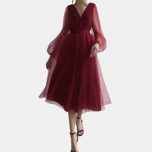 Robe Midi Femme - Décolleté V - Manches Évasées Longues - Coupe Cintrée Élégante