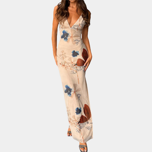 Robe Maxi Femme - Sans Manches - Col V Profond - Imprimé Fleuri - Fluide et Élégante
