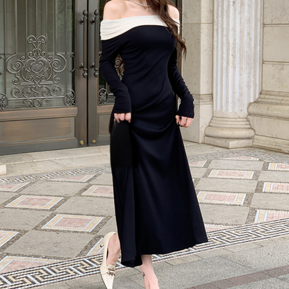 Robe Maxi Femme - Épaules Dénudées - Manches Longues - Élégante et Fluide