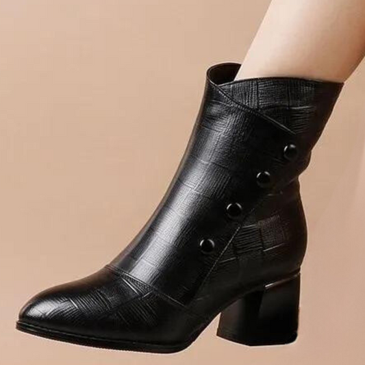 Bottines femme – Talon bloc – Bout rond – Boutons décoratifs – Finition texturée