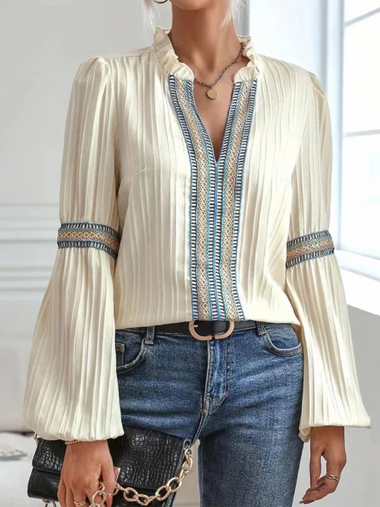 Blouse Femme – Coupe Ample – Col Volanté – Manches Longues Évasées – Tissu Fluide