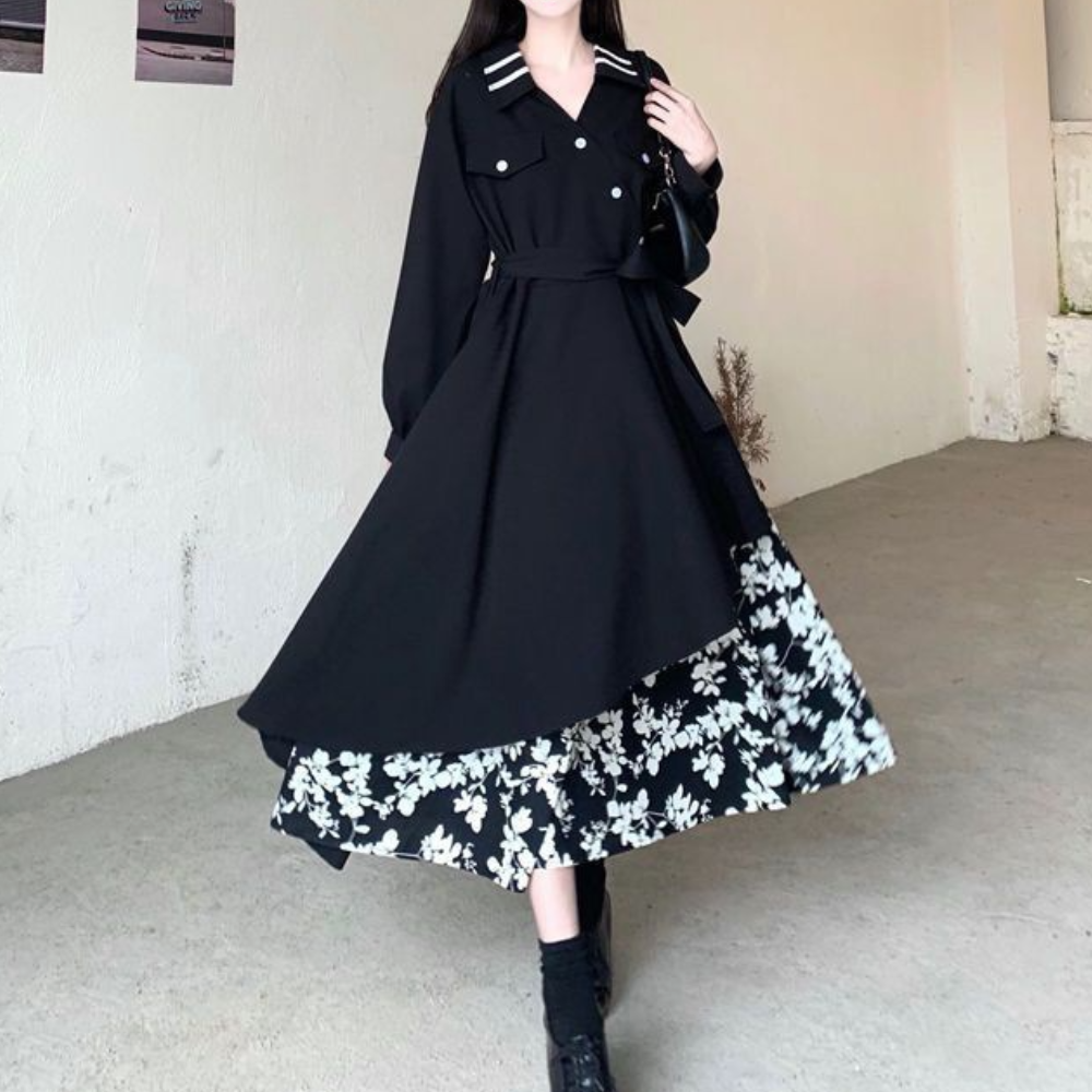 Robe Femme Élégante - Manches Longues - Col Classique - Jupe Asymétrique Fluide