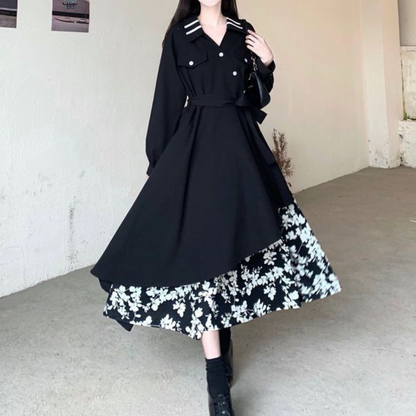 Robe Femme Élégante - Manches Longues - Col Classique - Jupe Asymétrique Fluide