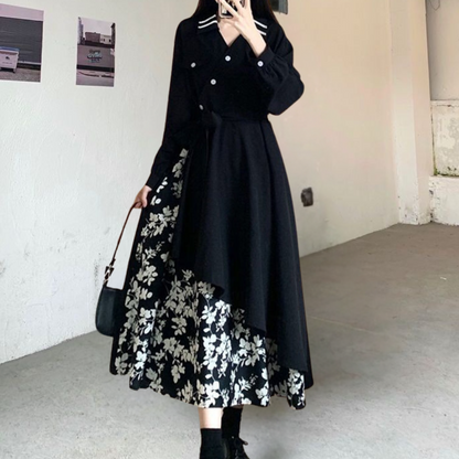 Robe Femme Élégante - Manches Longues - Col Classique - Jupe Asymétrique Fluide