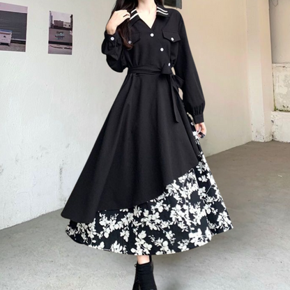 Robe Femme Élégante - Manches Longues - Col Classique - Jupe Asymétrique Fluide