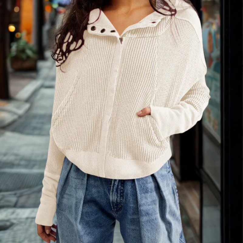 Femme Sweat à Capuche - Maille Gaufrée - Manches Longues - Coupe Courte