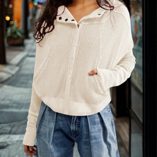 Femme Sweat à Capuche - Maille Gaufrée - Manches Longues - Coupe Courte