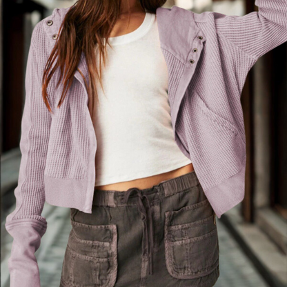 Femme Sweat à Capuche - Maille Gaufrée - Manches Longues - Coupe Courte