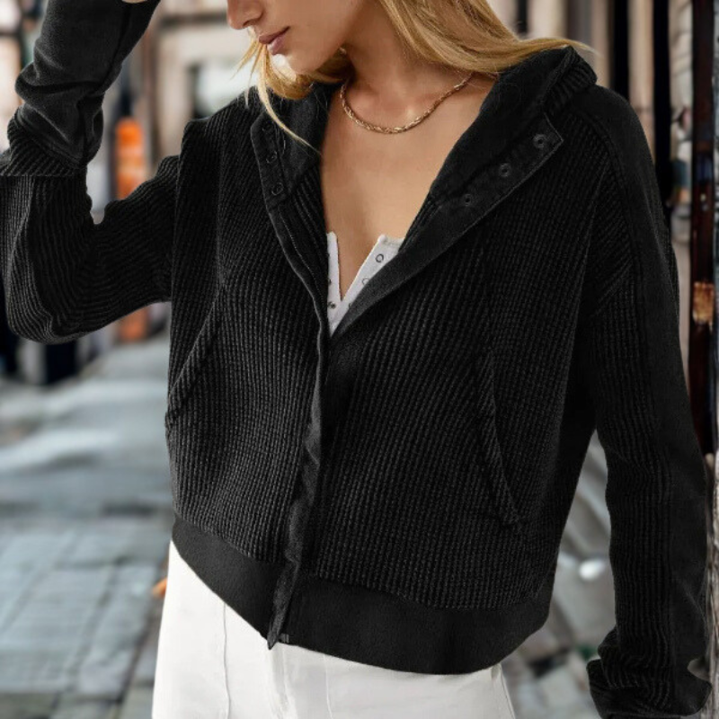 Femme Sweat à Capuche - Maille Gaufrée - Manches Longues - Coupe Courte