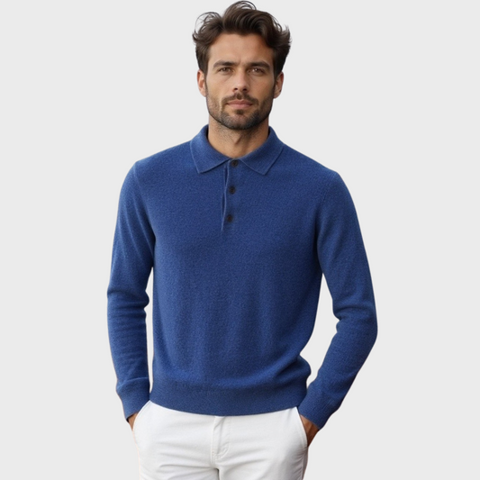 Pull homme polo – Laine mérinos – Coupe standard – Col boutonné – Finitions côtelées