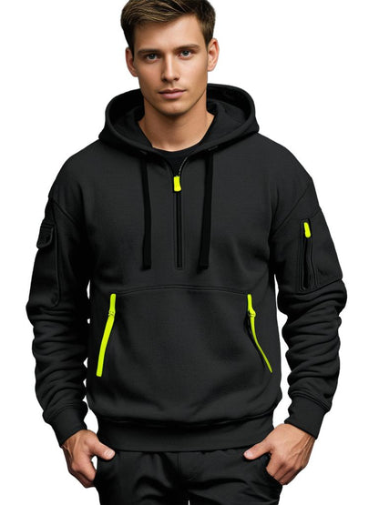 Sweat à capuche homme – Coupe décontractée – Coton léger – Demi-zip – Détails utilitaires
