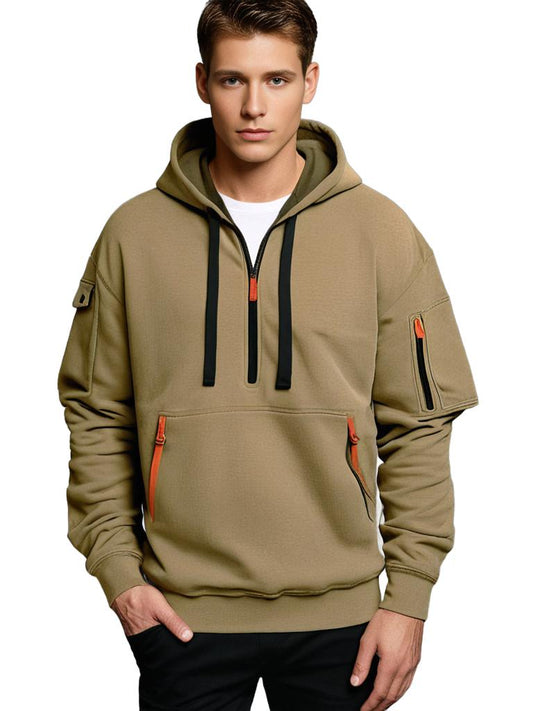Sweat à capuche homme – Coupe décontractée – Coton léger – Demi-zip – Détails utilitaires