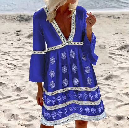 Women’s Boho V-Neck Beach Dress with Long Sleeves and Relaxed Fit
