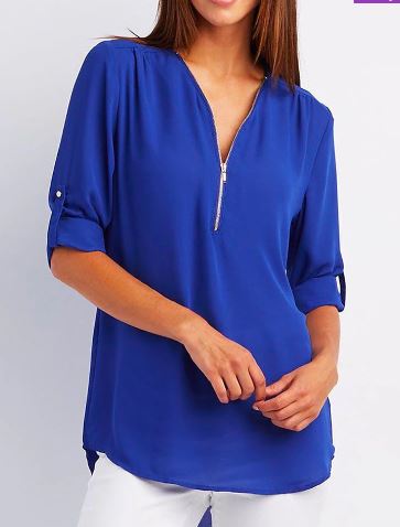Blouse femme – Coupe ample – Col V zippé – Manches à patte – Tissu fluide respirant