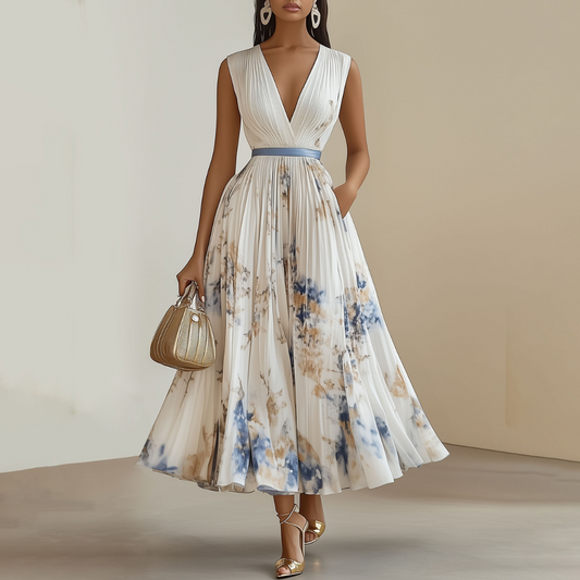 Robe midi femme – Coupe évasée élégante – Décolleté plongeant – Tissu luxueux plissé