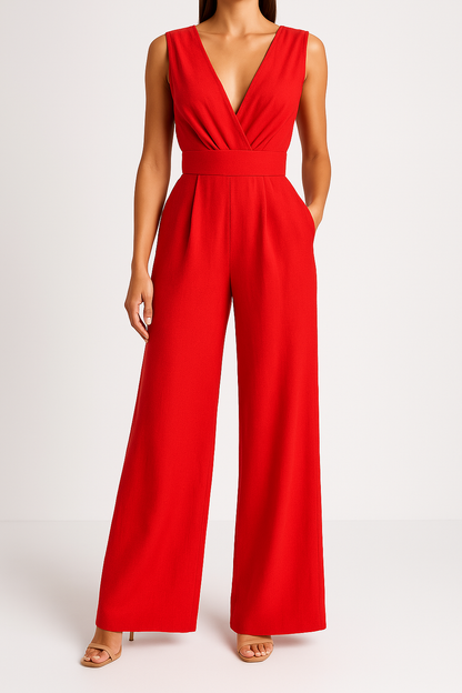 Combinaison femme – Sans manches – Taille haute – Jambes larges – Encolure en V