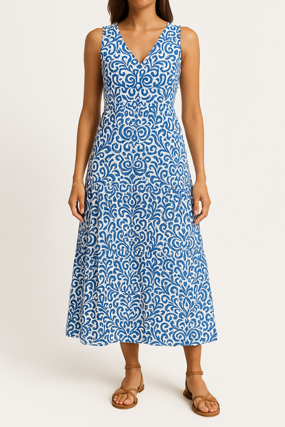 Robe midi femme – Sans manches – Encolure en V – Coupe fluide – Imprimé abstrait