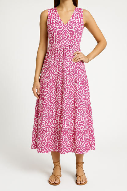 Robe midi femme – Sans manches – Encolure en V – Coupe fluide – Imprimé abstrait