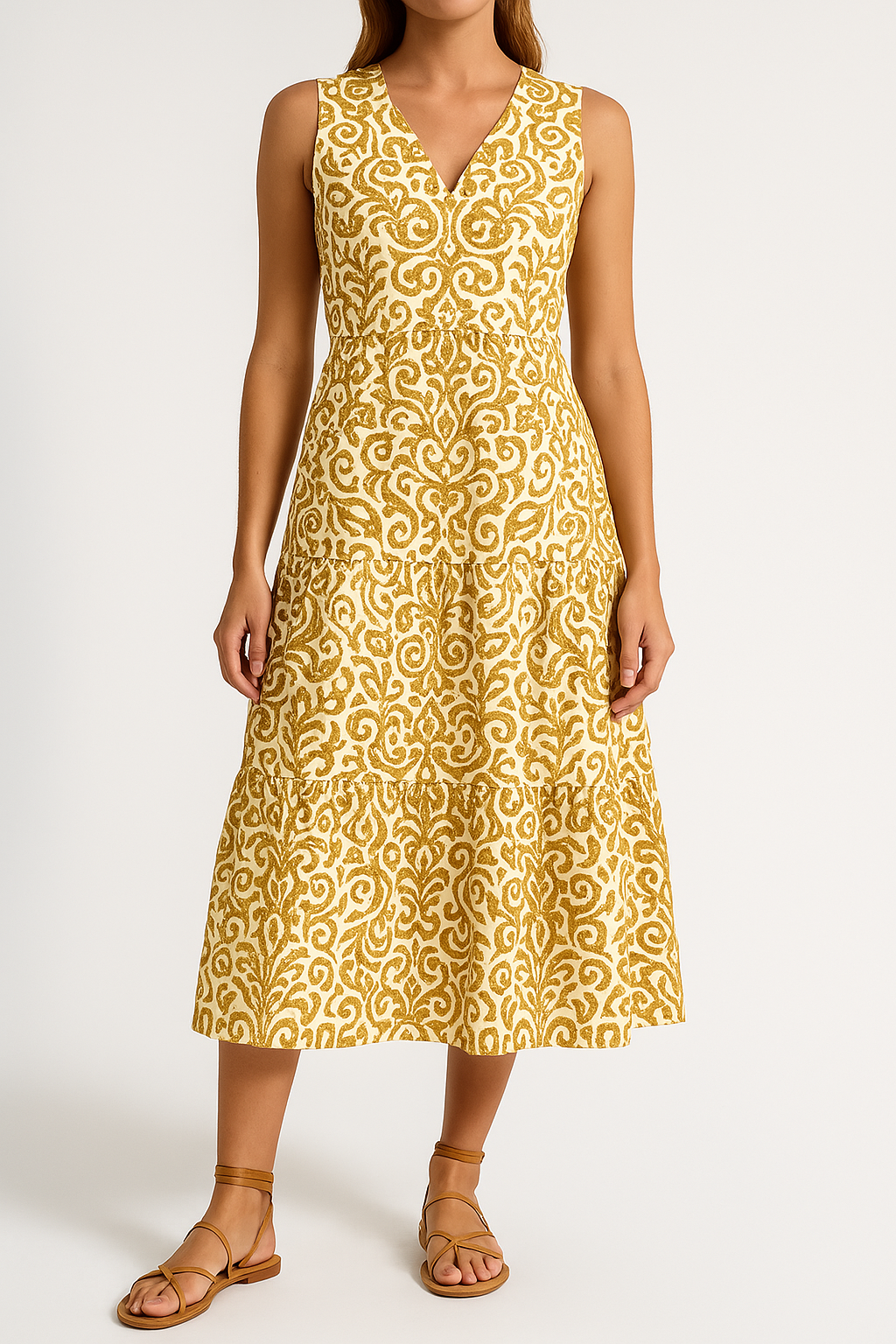 Robe midi femme – Sans manches – Encolure en V – Coupe fluide – Imprimé abstrait