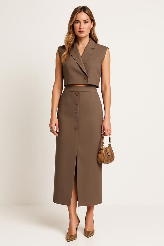 Ensemble Femme – Haut Court Sans Manches à Col Revers – Jupe Fendue Taille Haute