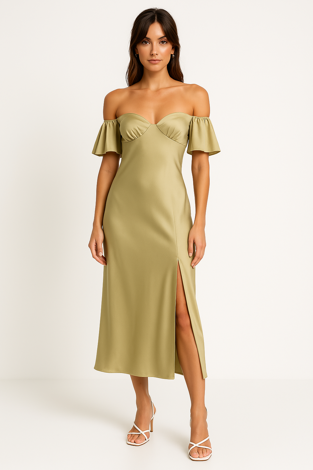 Robe midi femme – Coupe cintrée – Satinée – Épaules dénudées – Dos en V – Fente latérale
