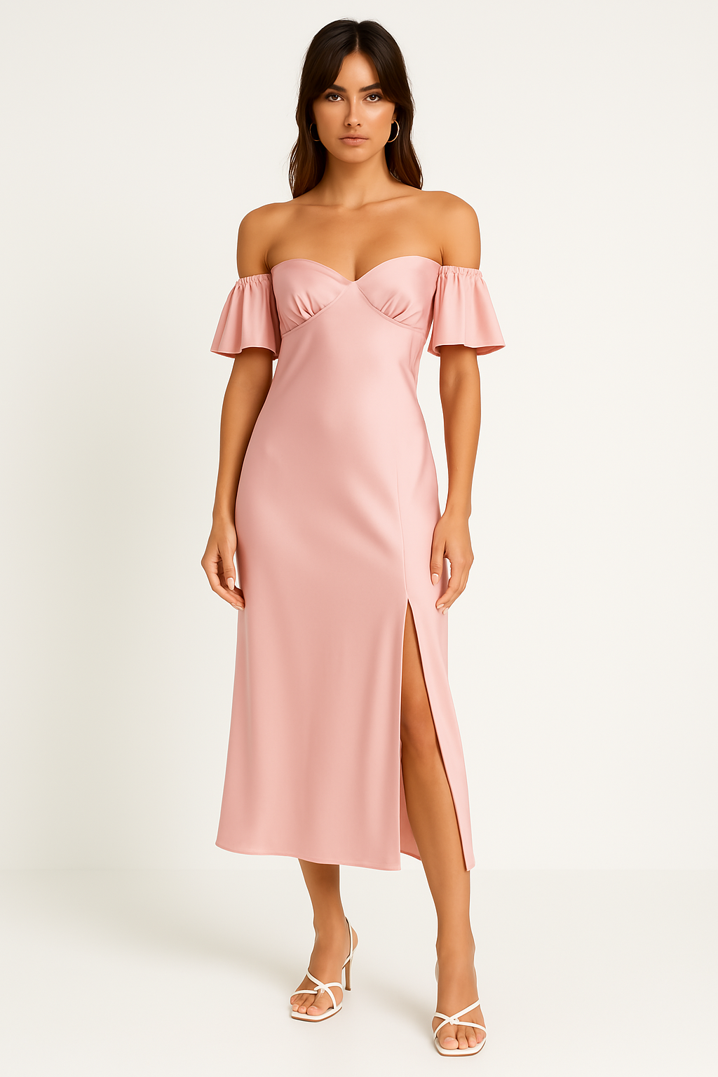 Robe midi femme – Coupe cintrée – Satinée – Épaules dénudées – Dos en V – Fente latérale