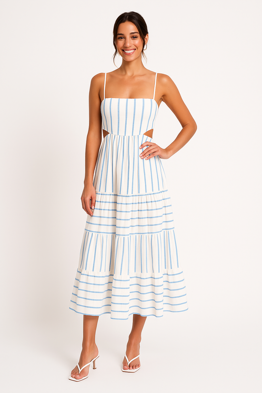 Robe longue femme – Coupe évasée – Bretelles fines – Taille découpée – Jupe à volants