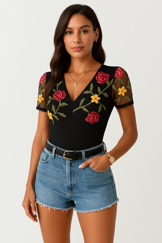 Body femme – Coupe ajustée – Décolleté en V – Manches courtes en tulle brodé
