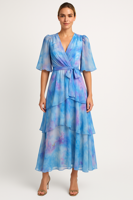 Robe longue femme – Style portefeuille – Mousseline légère – Manches bouffantes – Volants élégants