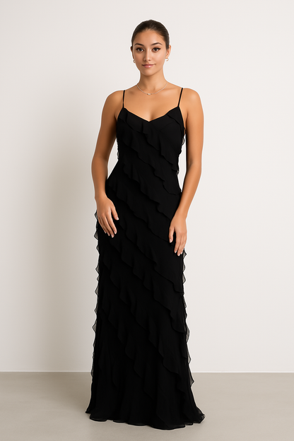 Robe longue femme – Coupe ajustée – Bretelles fines – Détail volants – Tissu fluide