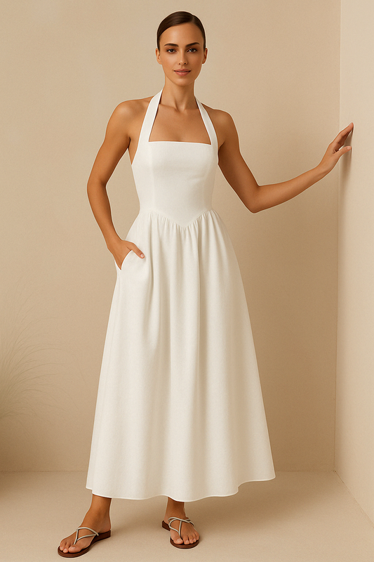 Robe Longue Femme – Col Halter – Coupe Évasée – Tissu Léger Respirant – Poches