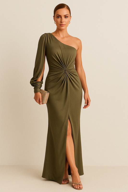 Robe longue femme – Une épaule – Fente haute – Taille drapée – Finition satinée