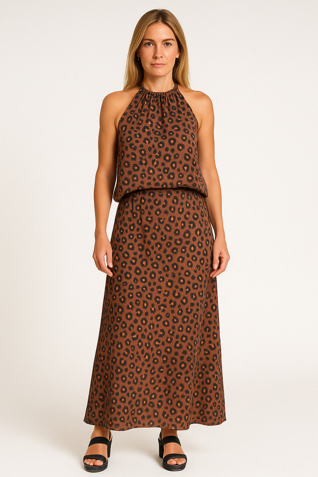 Ensemble femme deux pièces – Haut col halter fluide – Jupe longue imprimée